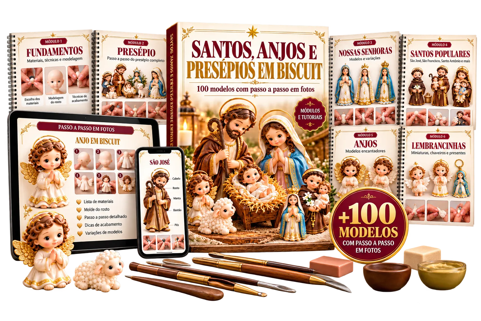 Material Biscuit Sagrado com presépio, Nossas Senhoras, santos e anjos em biscuit